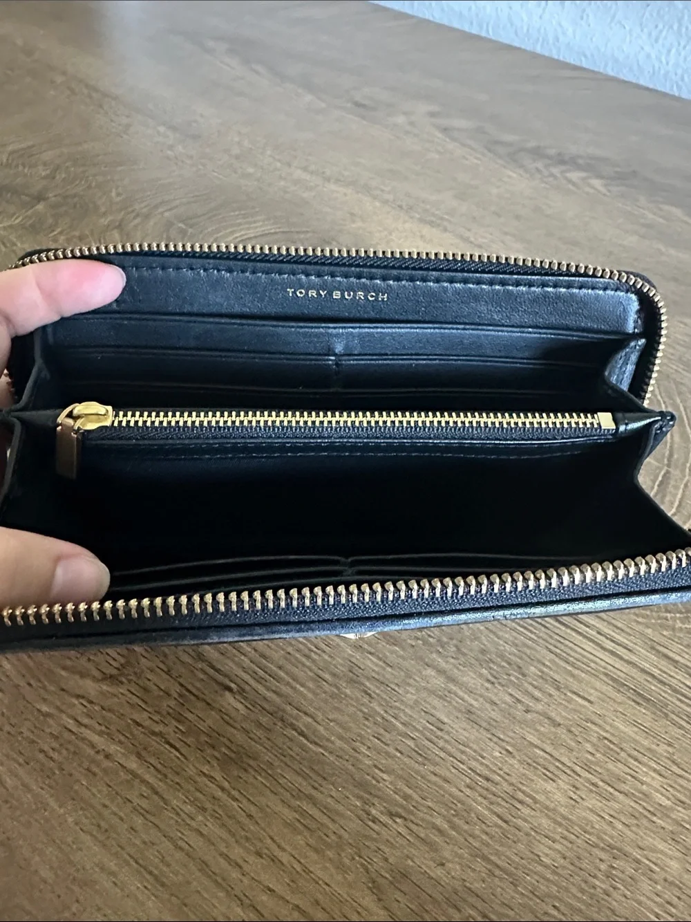 Authentic Tory Burch Black Quilted Zip Wallet with Gold Logo